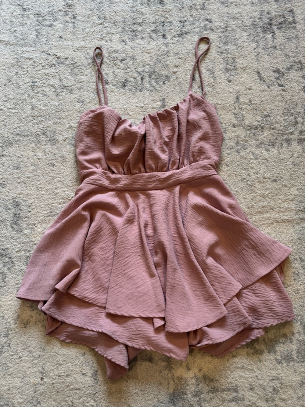 Mauve Ruffled Romper with Spaghetti Straps and tie back